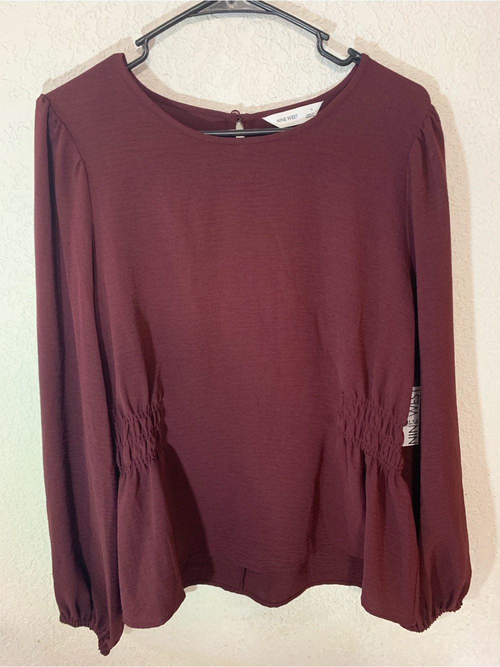 Nine West Long Sleeve Smocked Waist Blouse - Burgundy